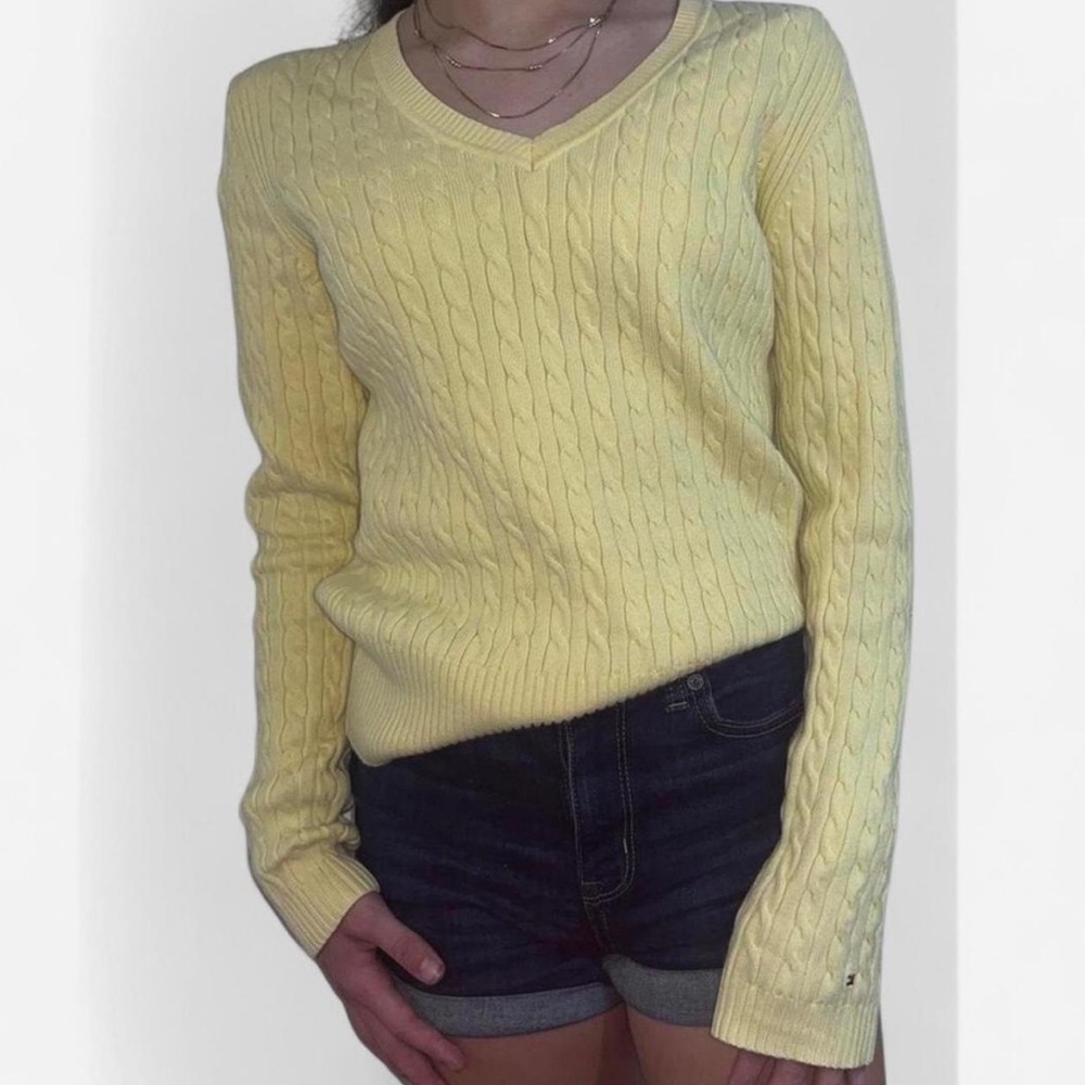 Vintage Tommy Hilfiger Butter Yellow Cable Knit V-Neck Sweater
